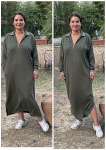 DR025-Çizgi Detaylı Fermuarlı Polo Yaka Oversize Maxi Elbise