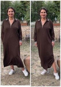 DR025-Çizgi Detaylı Fermuarlı Polo Yaka Oversize Maxi Elbise