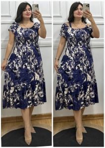 N059-Mavi batik desen madonna yaka elbise