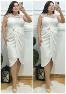 TR077-Beyaz önü büzgülü broş yakası hayaltül abiye elbise