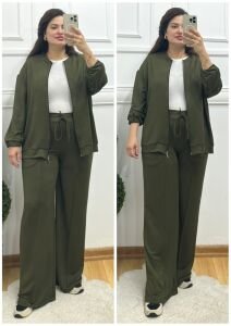 VL112-Haki oshyo kumaş fermuarlı eşofman takım