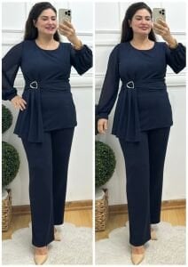 TR121-Lacivert kolu şifon ikili takım