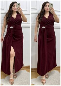 TR165-Milano broş detaylı simli abiye elbise