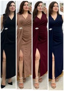 TR165-Milano broş detaylı simli abiye elbise