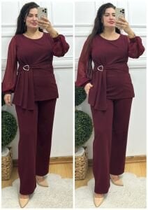 TR122-Bordo kolu şifon ikili takım