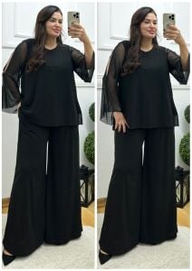 VL131-Siyah şifon detaylı ispanyol ikili takım