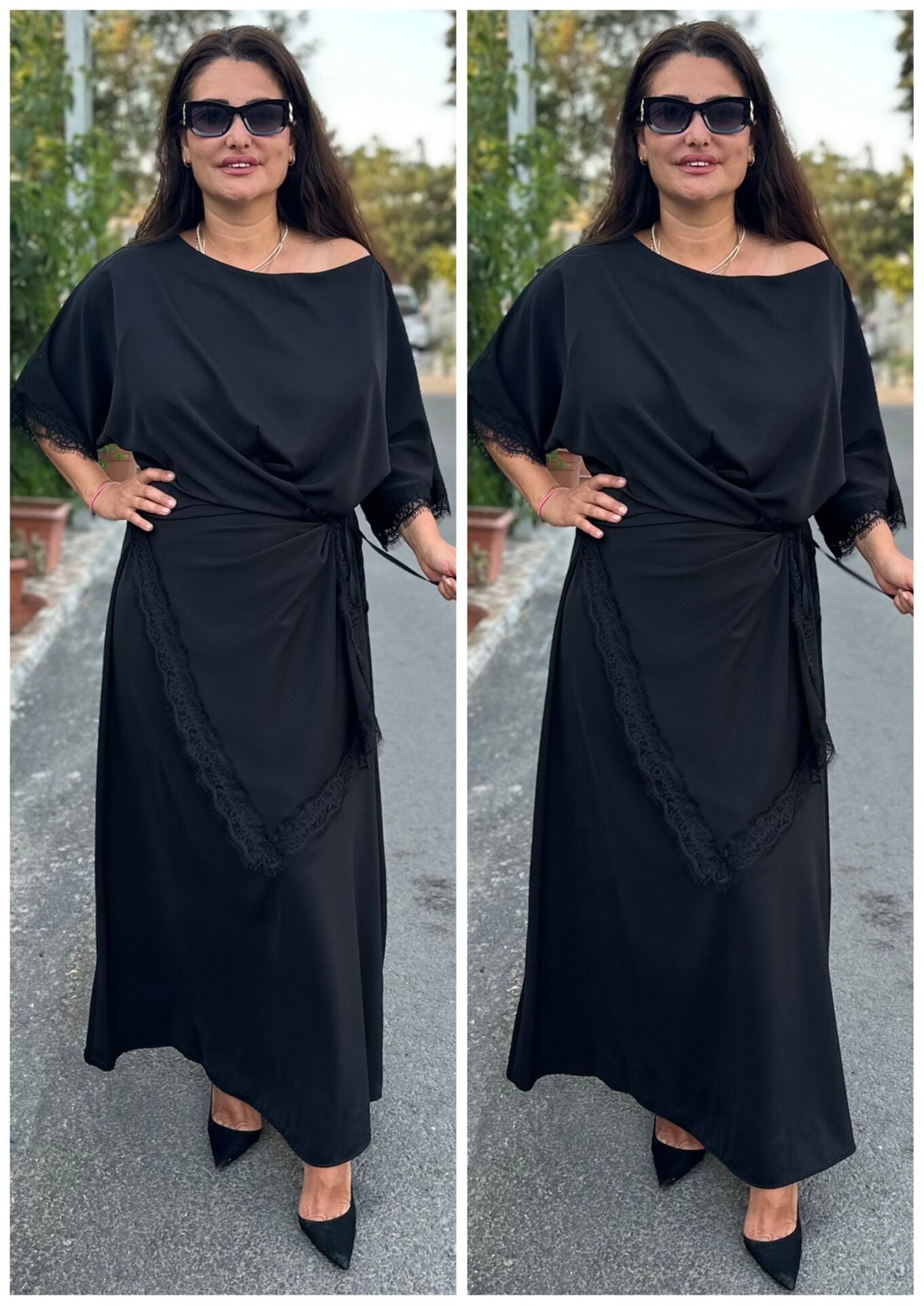 ST025-Güpür İşlemeli Yarasa Kol Dökümlü Siyah Şık Maxi Elbise