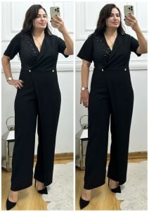 TR166-Siyah gold düğmeli tek tarafı payetli tulum