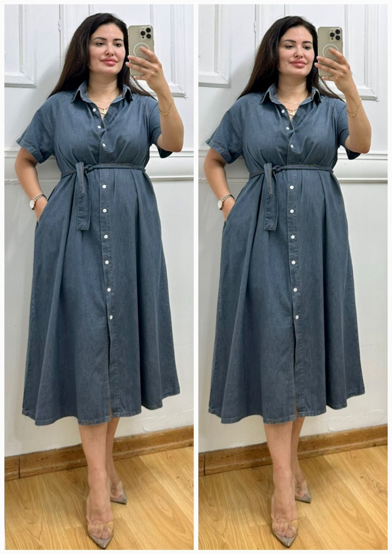 DR012-Retro jean düğmeli kot gömlek elbise