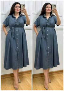 DR012-Retro jean düğmeli kot gömlek elbise