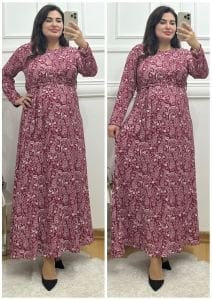 V121-Pembe çıtır çiçek desen bisiklet yaka maksiboy börümcük elbise