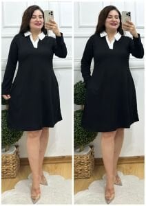 VL113-Siyah gömlek yaka viskon elbise