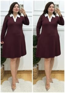 VL114-Bordo gömlek yaka viskon elbise