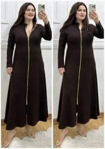 ZS129-Kahverengi  fermuarlı oys elbise