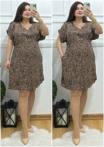 PT020-Leopar desen beli gıpeli viskon elbise