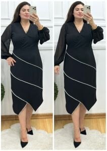 TR125-Siyah çapraz sıvama taş detaylı uzun kol abiye