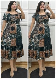 N060-Yeşil kahve etnik desen madonna yaka elbise