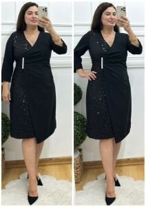 TR126-Siyah kruvaze yaka broş detaylı abiye