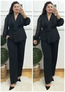 TR127-Siyah boncuk detaylı uzun kol ikil takım