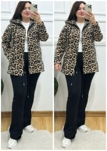 CF002-Leopar desen kapşonlu yumoş polar