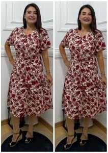 H167-Kırmızı çiçek desen kuşaklı gömlek elbise