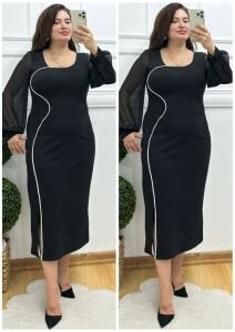 TR128-Siyah sıvama taş işleme kare yaka yırtmaçlı elbise