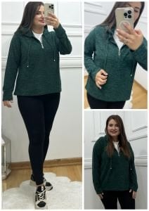 KB034-Yeşil kapşonlu  fermuar detaylı örme triko