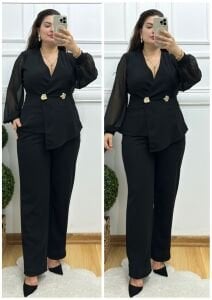 TR129-Siyah gold broş detaylı uzun kol ikili takım