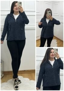 KB035-Mavi fermuar detaylı örme triko