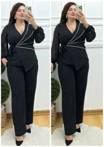 TR131-Siyah sıvama taş çapraz detaylı uzun kol ikili takım