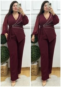 TR132-Bordo sıvama taş çapraz detaylı uzun kol ikili takım