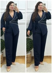 TR133-Lacivert sıvama taş çapraz detaylı uzun kol ikili takım