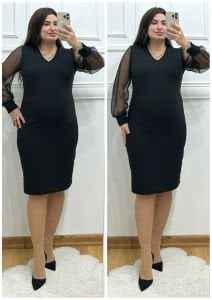 YS145-Siyah Double krep kumaş kolu hayati tül elbise