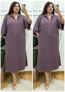 VL118-Mürdüm  su yolu taş işlemeli fermuarlı elbise