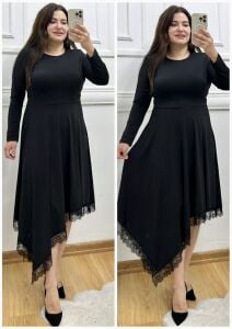 ZS132-Siyah Dantel detaylı Asimetrik kesim vatkalı elbise