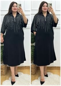 VL119-Siyah su yolu taş işlemeli fermuarlı elbise