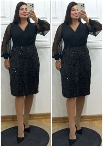 TR023-Siyah üstü şifon altı payetli kruvaze midiboy abiye