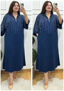 VL120-Lacivert su yolu taş işlemeli fermuarlı elbise