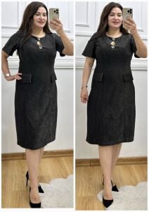 TR172-Siyah parlak atlas kumaş abiye elbise