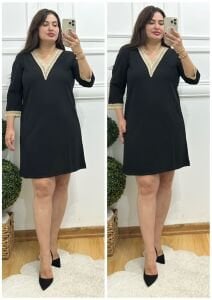 ZS112-Siyah güpür dantel v yaka elbise
