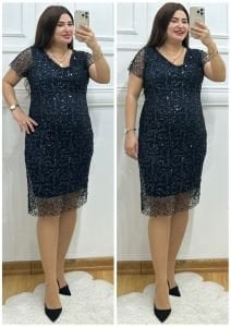 TR063-Lacivert Payet işlemeli dantel detaylı midiboy elbise