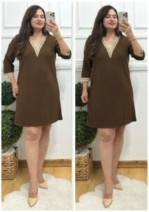 ZS113-Kahve güpür dantel v yaka elbise
