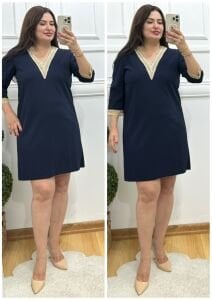 ZS114-Lacivert güpür dantel v yaka elbise