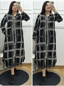 H100-Siyah beyaz zincir desen gömlek elbise