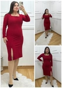 ZS048-Kırmızı kare yaka yırtmaçlı  atlas kumaş elbise