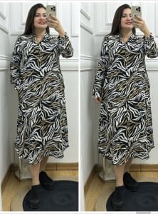 H101-Kahveli siyah zebra desen elbise