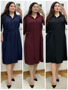 ZS133-Gömlek yaka kuşaklı midi boy elbise