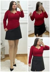 ZS050-Kırmızı V gold detaylı bluz