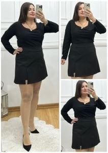 ZS051-Siyah V gold detaylı bluz