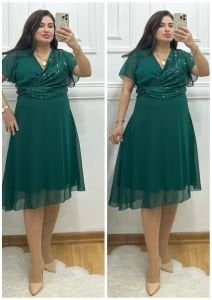 TR086-Yeşil kruvaze yaka şifon abiye